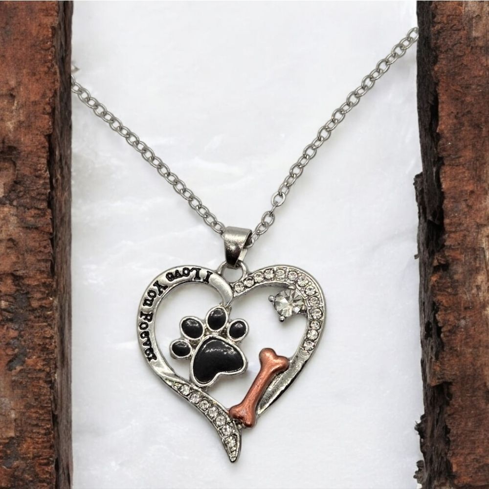 Dog Love Heart Shaped Pendant Doggie Bone Paw Print Necklace Pet Owner Gift NWT